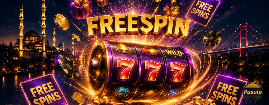 Üç yedi sembolü ve free spin yazılarıyla slot makinesi